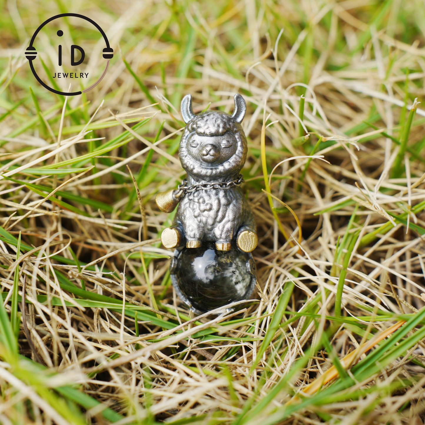 Ghost Quartz Pendant in Oxidized 925 Silver with Llama Figure and Brass Accents, Vintage Style Necklace, Christmas Gift for Her