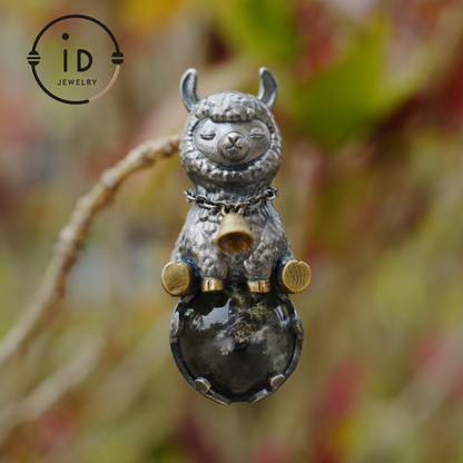 Ghost Quartz Pendant in Oxidized 925 Silver with Llama Figure and Brass Accents, Vintage Style Necklace, Christmas Gift for Her