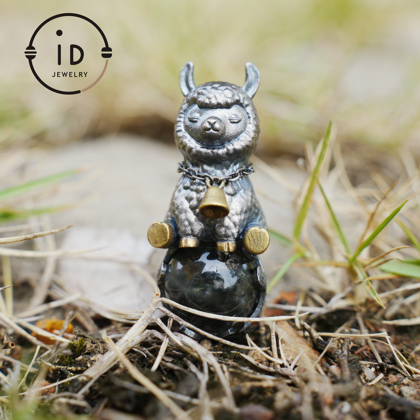 Ghost Quartz Pendant in Oxidized 925 Silver with Llama Figure and Brass Accents, Vintage Style Necklace, Christmas Gift for Her