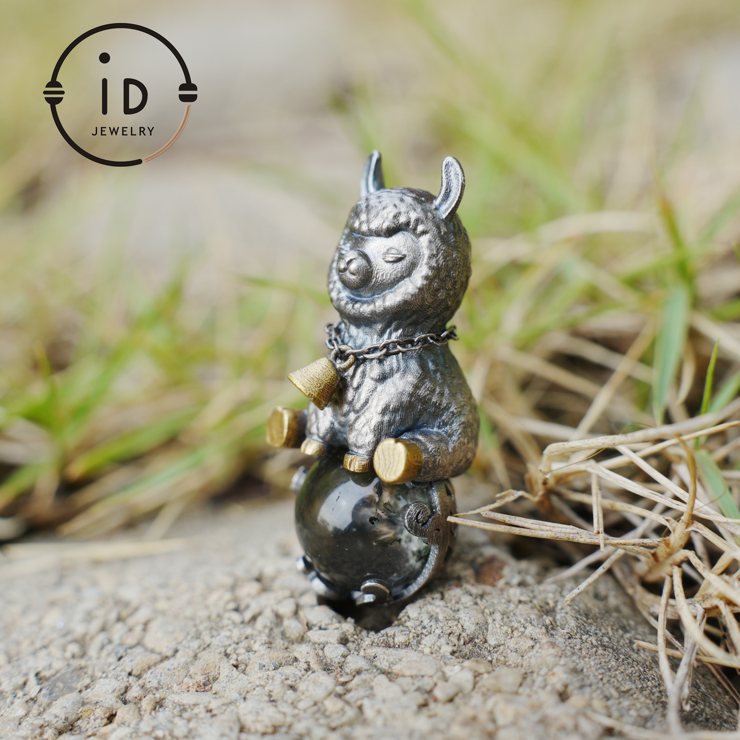 Ghost Quartz Pendant in Oxidized 925 Silver with Llama Figure and Brass Accents, Vintage Style Necklace, Christmas Gift for Her