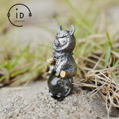 Ghost Quartz Pendant in Oxidized 925 Silver with Llama Figure and Brass Accents, Vintage Style Necklace, Christmas Gift for Her