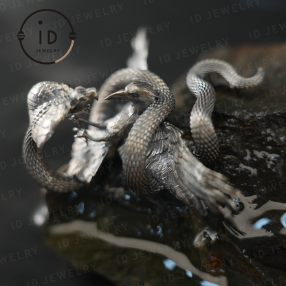 Cobra Bird Pendant Brooch, Handmade Gothic Fantasy Jewelry, Mythical Animal Battle Art Necklace