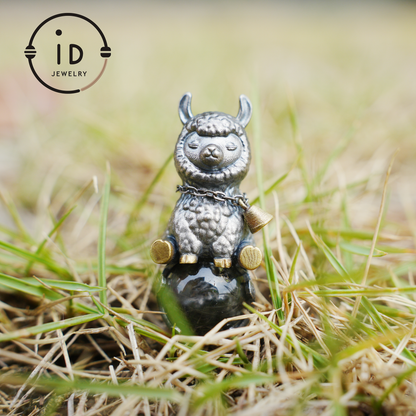 Ghost Quartz Pendant in Oxidized 925 Silver with Llama Figure and Brass Accents, Vintage Style Necklace, Christmas Gift for Her