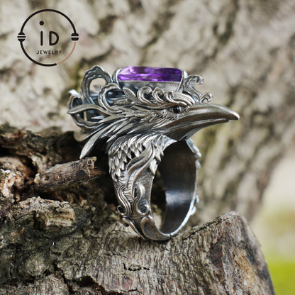 Gothic Raven Ring with Amethyst in 925 Oxidized Silver, Totem Bird Jewelry for Women and Men, Vintage Statement Gift for Christmas
