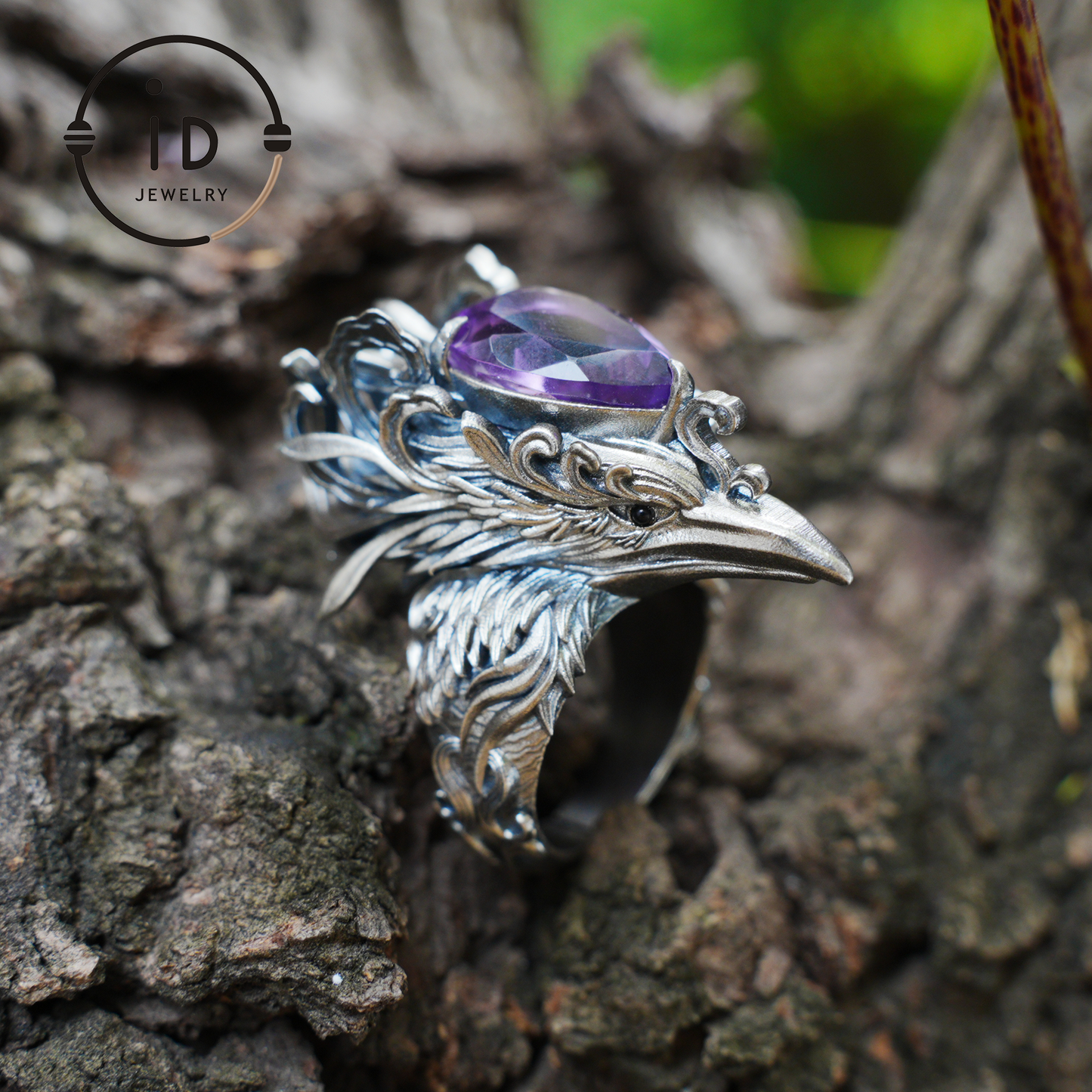 Gothic Raven Ring with Amethyst in 925 Oxidized Silver, Totem Bird Jewelry for Women and Men, Vintage Statement Gift for Christmas
