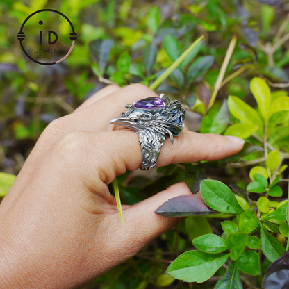 Gothic Raven Ring with Amethyst in 925 Oxidized Silver, Totem Bird Jewelry for Women and Men, Vintage Statement Gift for Christmas
