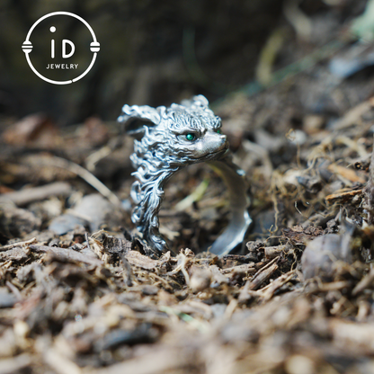 Fuchs Totem Ring mit grünen Zirkonaugen, Waldwächter Amulett, handgefertigter Tierschmuck, Mythisches Schutzsymbol
