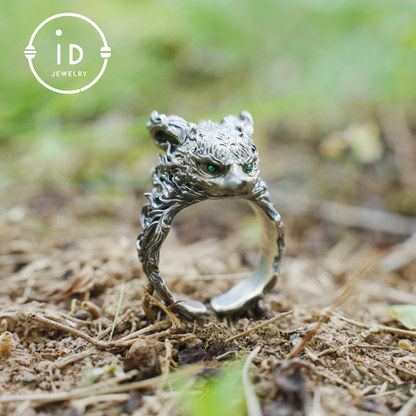 Fuchs Totem Ring mit grünen Zirkonaugen, Waldwächter Amulett, handgefertigter Tierschmuck, Mythisches Schutzsymbol