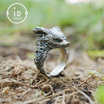 Fuchs Totem Ring mit grünen Zirkonaugen, Waldwächter Amulett, handgefertigter Tierschmuck, Mythisches Schutzsymbol