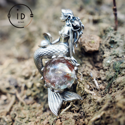 Mermaid Wish Talisman Pendant with Ghost Stone and Pearl, Fantasy Ocean Jewelry, Handcrafted Mythical Sea Spirit Amulet Necklace