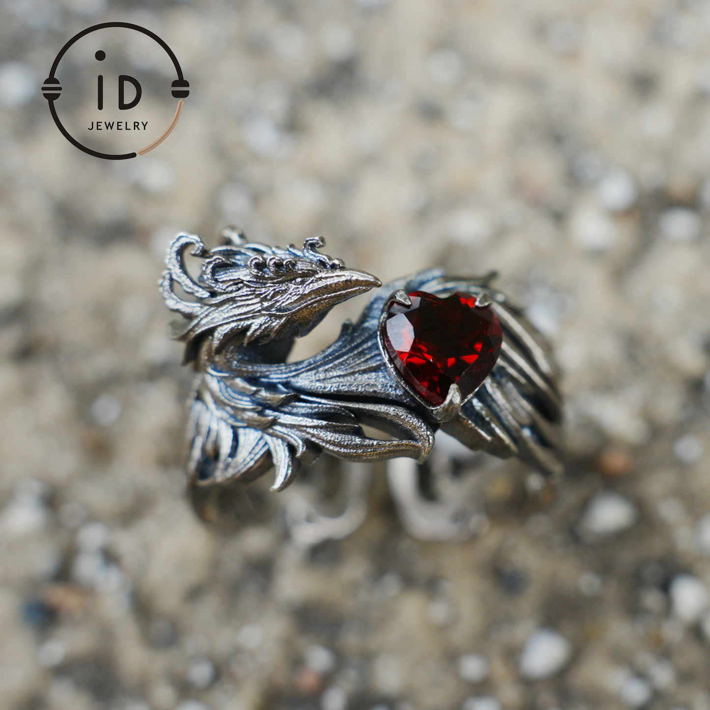 Garnet Ring 925 Silver Heart Ring Gothic Style Adjustable Oxidized Gift for Her Fantasy Jewelry Abstract Flame Design