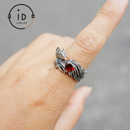 Garnet Ring 925 Silver Heart Ring Gothic Style Adjustable Oxidized Gift for Her Fantasy Jewelry Abstract Flame Design