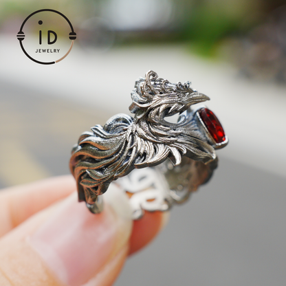 Garnet Ring 925 Silver Heart Ring Gothic Style Adjustable Oxidized Gift for Her Fantasy Jewelry Abstract Flame Design