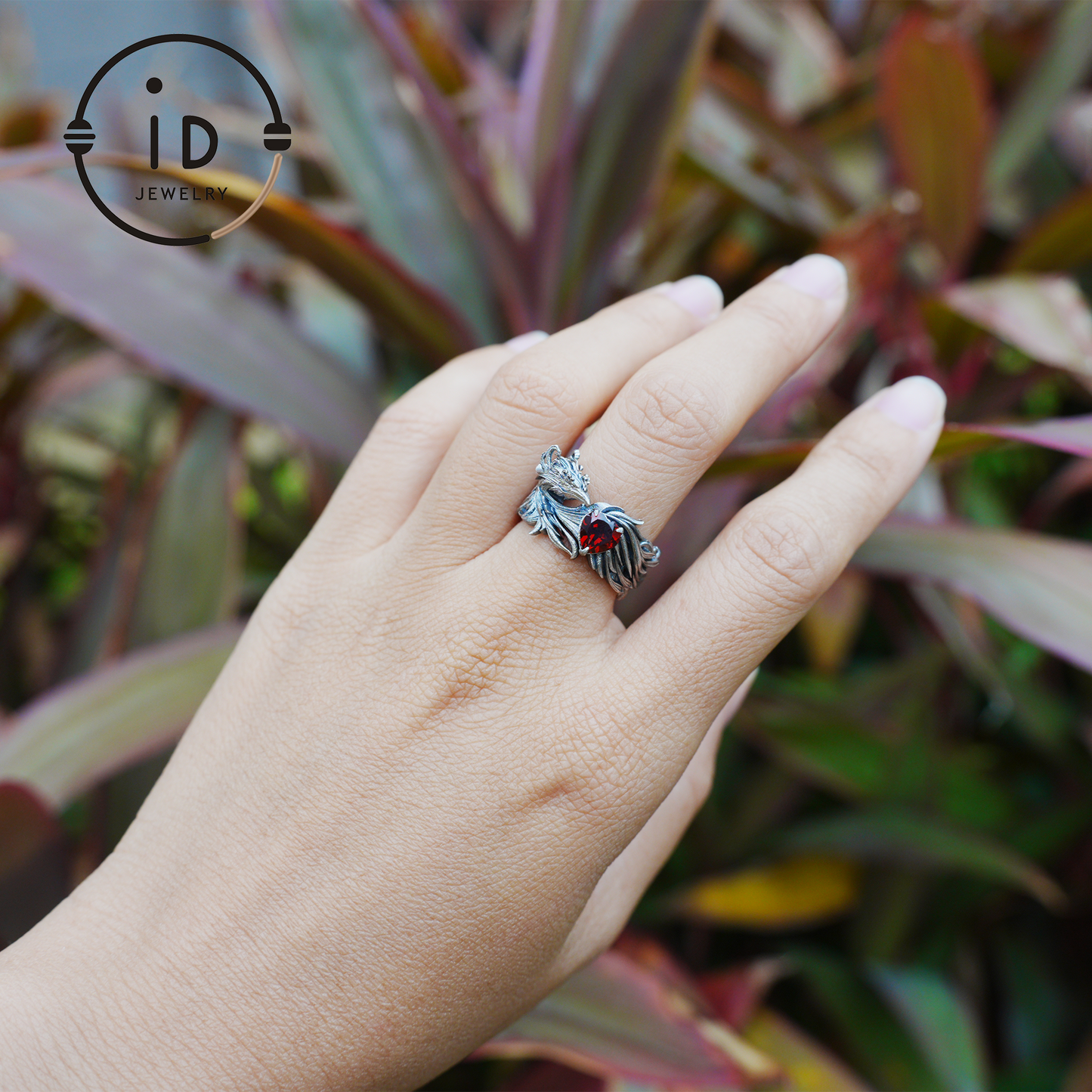 Garnet Ring 925 Silver Heart Ring Gothic Style Adjustable Oxidized Gift for Her Fantasy Jewelry Abstract Flame Design