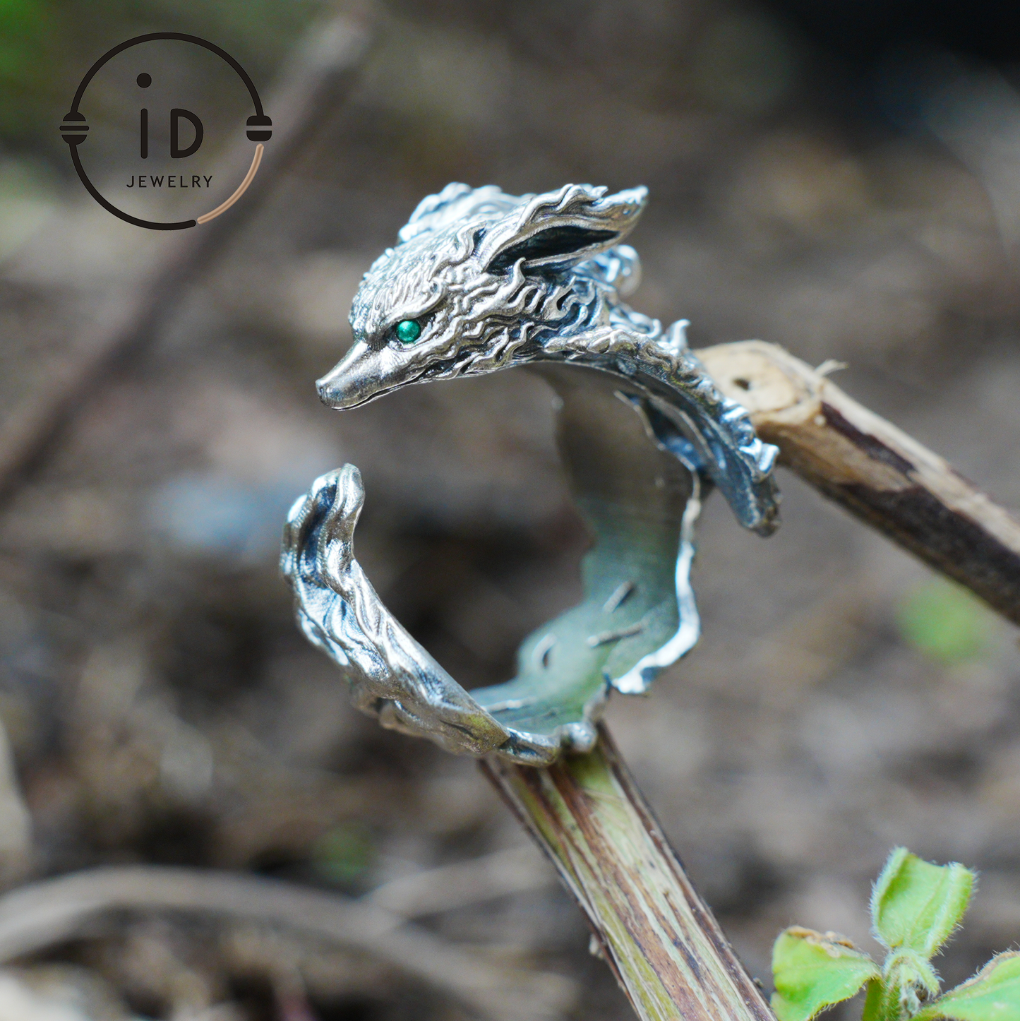 Fox Ring 925 Silver Adjustable Green Zircon Gothic Totem Style Animal Jewelry Gift for Men Women Fantasy Accessory Nature Inspired