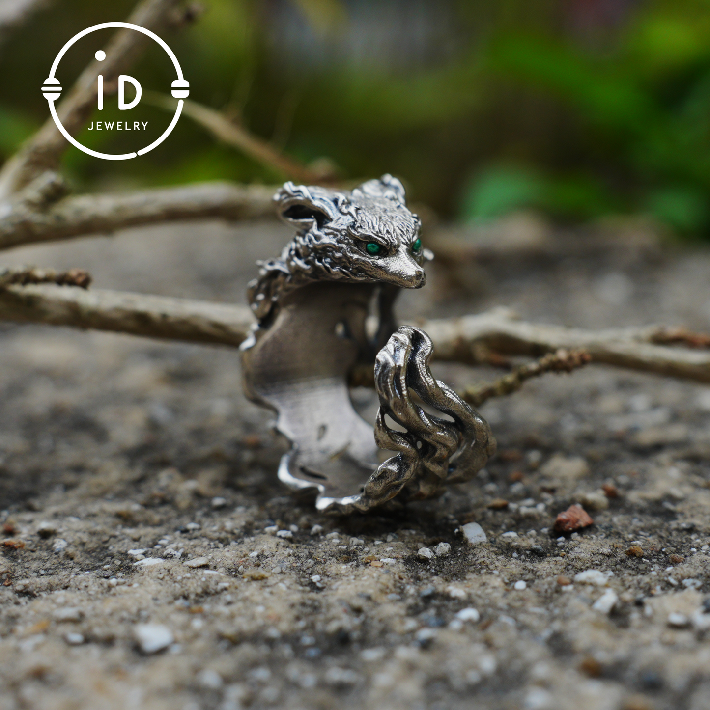 Fox Ring 925 Silver Adjustable Green Zircon Gothic Totem Style Animal Jewelry Gift for Men Women Fantasy Accessory Nature Inspired