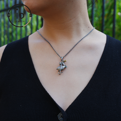 Dodo Bird Pendant in 925 Oxidized Silver with Girl Figure and Blue Zircon, Vintage Fairytale Jewelry, Gift Idea for Her