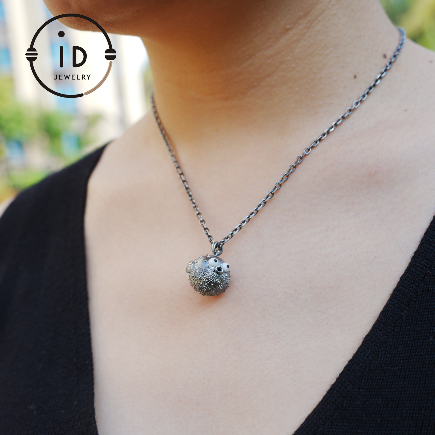 Wunderlicher Kugelfisch-Anhänger aus Sterlingsilber – Charm für emotionale Unterstützung – Süße Ozean-Totem-Halskette – Türkis- und Onyx-Augen – Heilende Geschenkidee