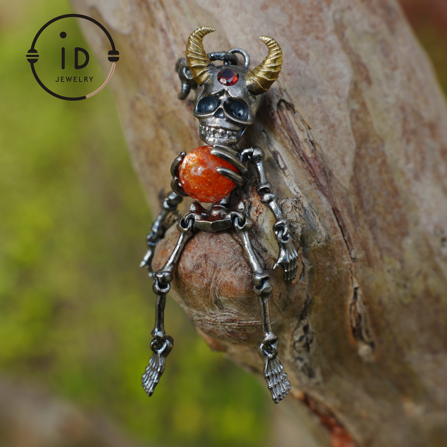 Silver Skeleton Pendant with Sunstone Sphere and Brass Horns, Gothic Totem Jewelry for Halloween or as a Mystical Gift