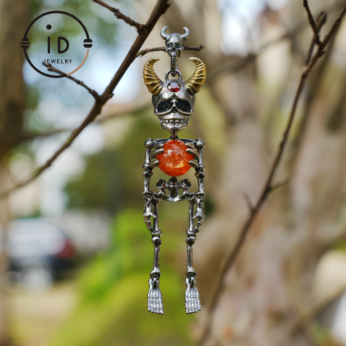 Silver Skeleton Pendant with Sunstone Sphere and Brass Horns, Gothic Totem Jewelry for Halloween or as a Mystical Gift