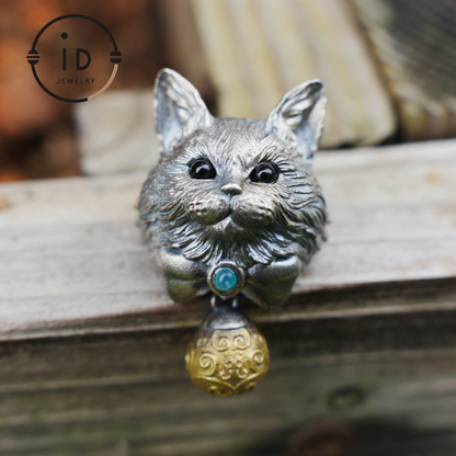 Mystischer Katzenanhänger mit Glocke, Talisman für emotionalen Schutz, handgefertigter Tierschmuck, Fantasy-Totem-Geschenk für Empathen und Träumer