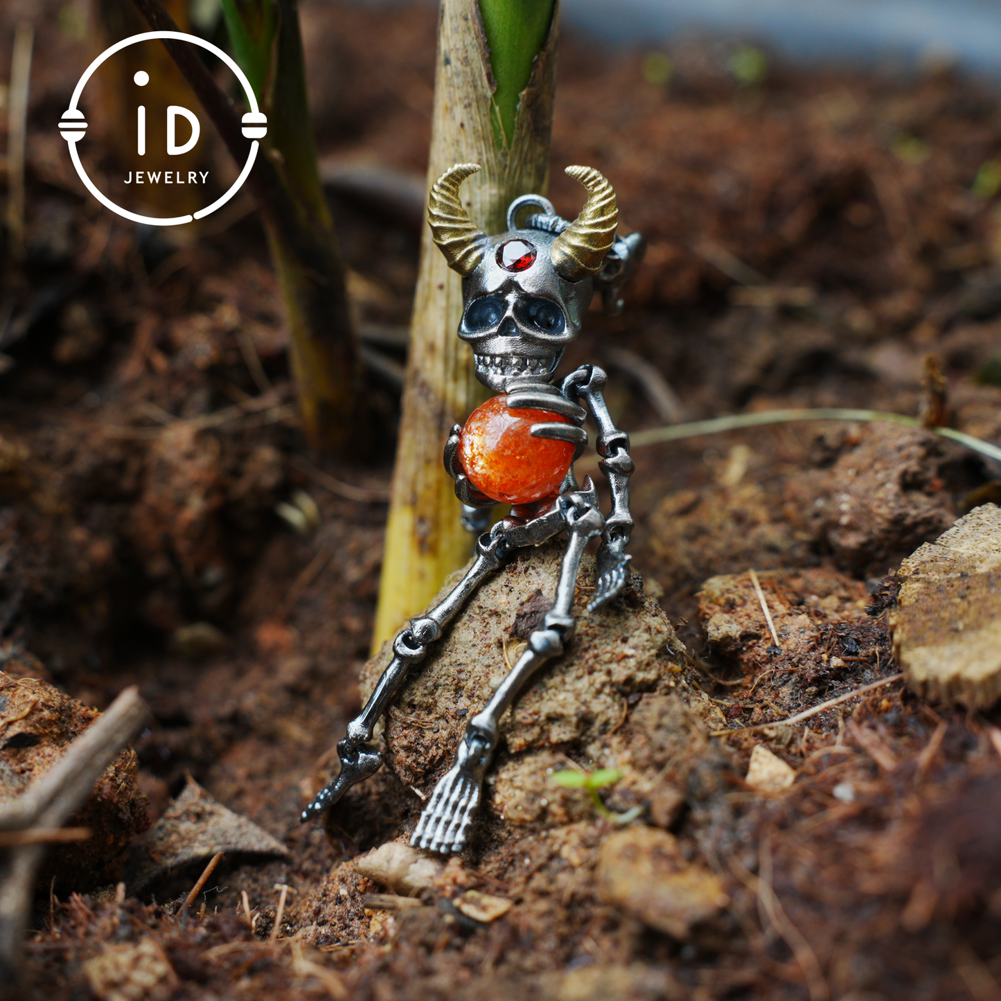 Silver Skeleton Pendant with Sunstone Sphere and Brass Horns, Gothic Totem Jewelry for Halloween or as a Mystical Gift