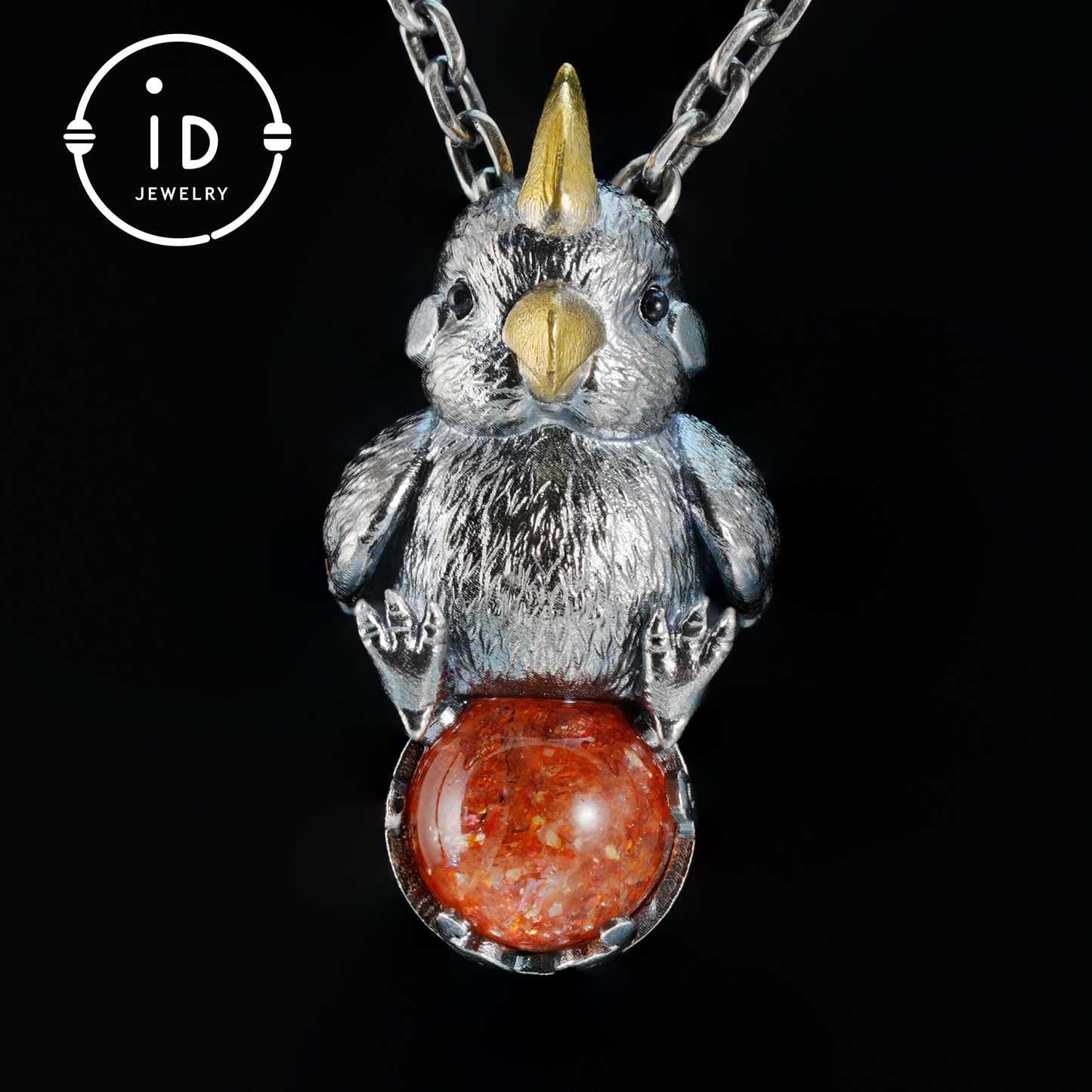 Sunstone parrot pendant made of 925 silver and bronze, hand-carved cute necklace with crystal orb, fairytale gift for her