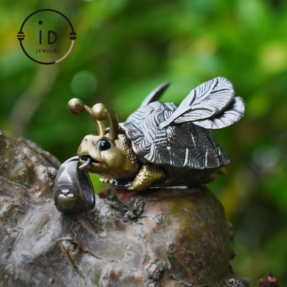 Flying Turtle Pendant · Handmade Fantasy Jewelry in Silver & Brass · Animal Amulet Gift for Nature Lovers and Whimsical Souls