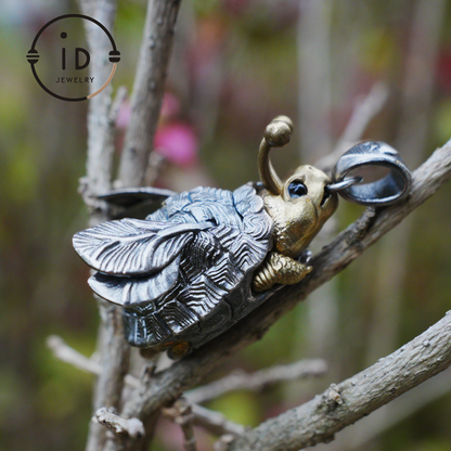 Flying Turtle Pendant · Handmade Fantasy Jewelry in Silver & Brass · Animal Amulet Gift for Nature Lovers and Whimsical Souls