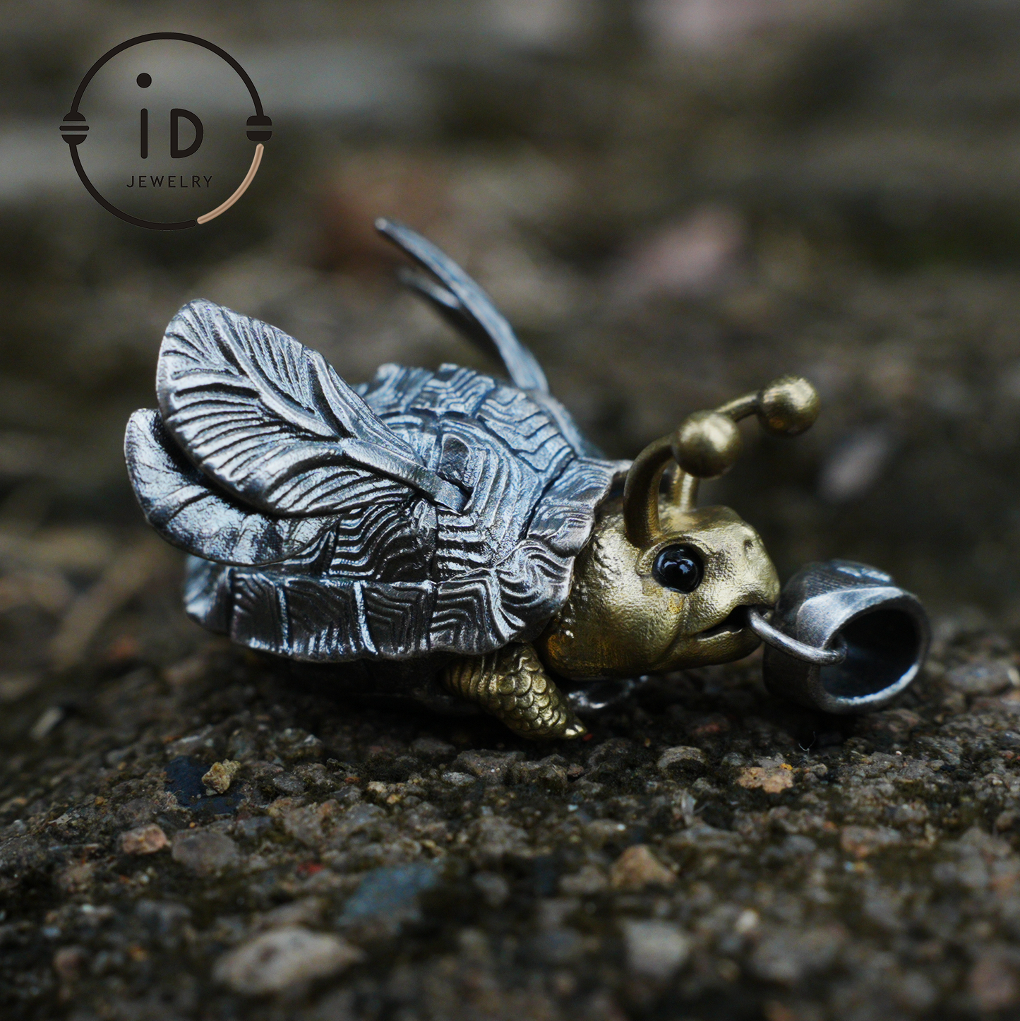 Flying Turtle Pendant · Handmade Fantasy Jewelry in Silver & Brass · Animal Amulet Gift for Nature Lovers and Whimsical Souls