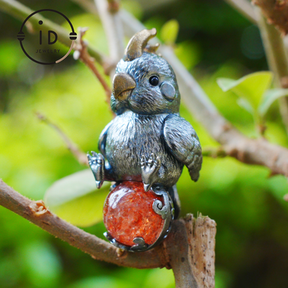 Sunstone parrot pendant made of 925 silver and bronze, hand-carved cute necklace with crystal orb, fairytale gift for her