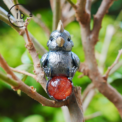Sunstone parrot pendant made of 925 silver and bronze, hand-carved cute necklace with crystal orb, fairytale gift for her