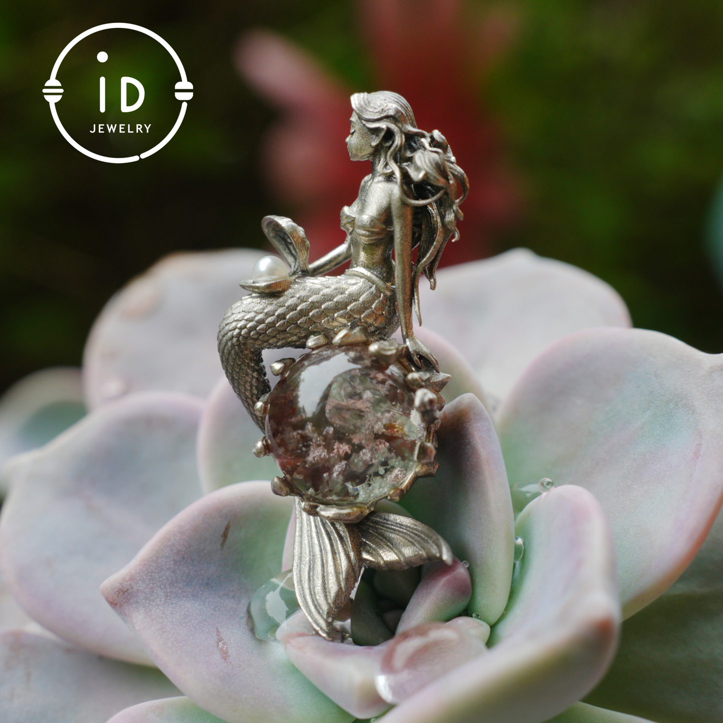 Mermaid Wish Talisman Pendant with Ghost Stone and Pearl, Fantasy Ocean Jewelry, Handcrafted Mythical Sea Spirit Amulet Necklace