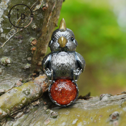 Sunstone parrot pendant made of 925 silver and bronze, hand-carved cute necklace with crystal orb, fairytale gift for her