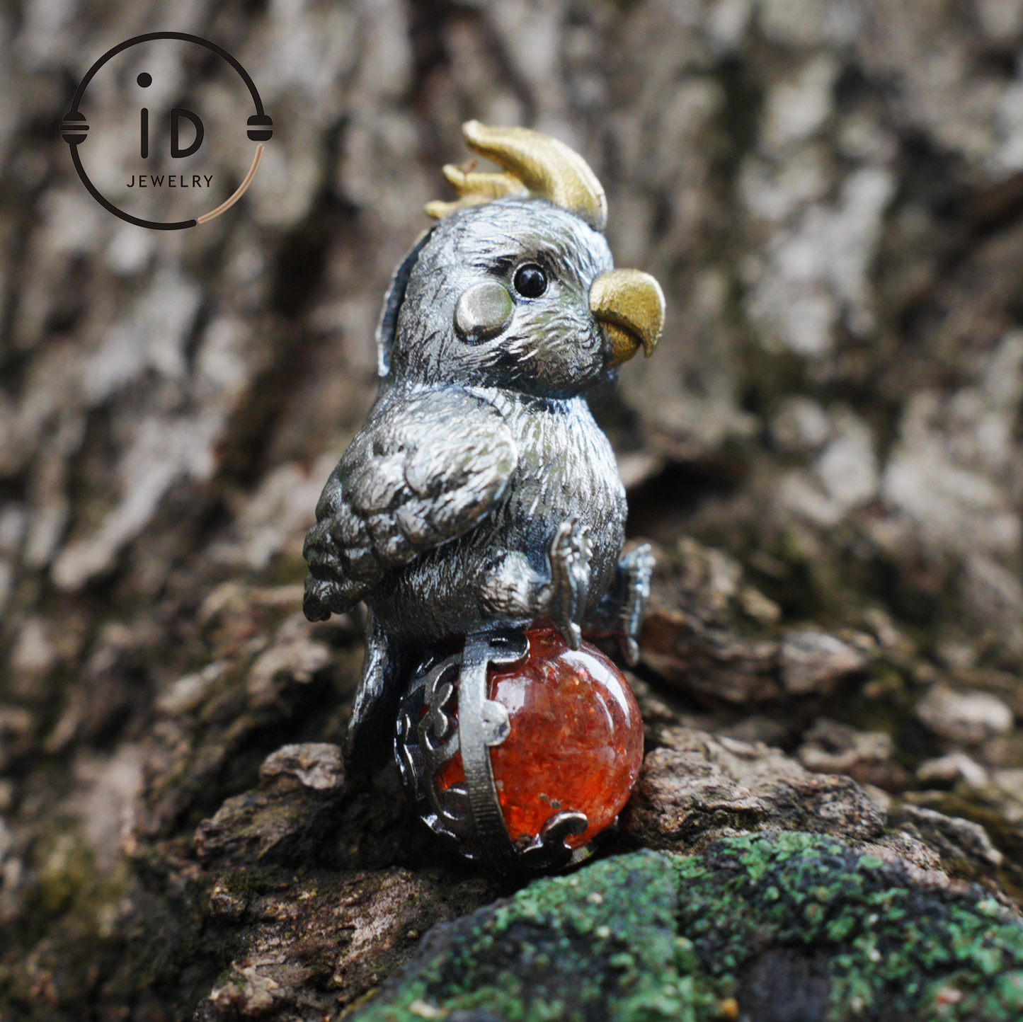 Sunstone parrot pendant made of 925 silver and bronze, hand-carved cute necklace with crystal orb, fairytale gift for her