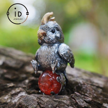 Sunstone parrot pendant made of 925 silver and bronze, hand-carved cute necklace with crystal orb, fairytale gift for her
