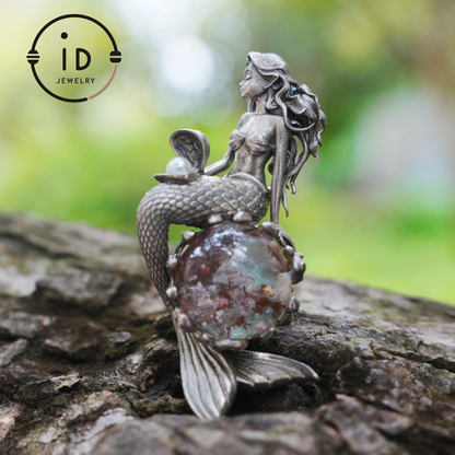 Mermaid Wish Talisman Pendant with Ghost Stone and Pearl, Fantasy Ocean Jewelry, Handcrafted Mythical Sea Spirit Amulet Necklace