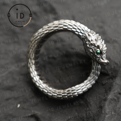 Mystischer Schlangenring, grüner Zirkon, Drachenschuppen-Design, handgefertigter Fantasy-Amulett-Schmuck, für Sammlung und Geschenk 