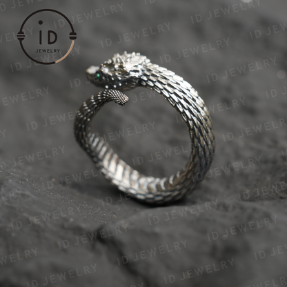 Mystischer Schlangenring, grüner Zirkon, Drachenschuppen-Design, handgefertigter Fantasy-Amulett-Schmuck, für Sammlung und Geschenk 