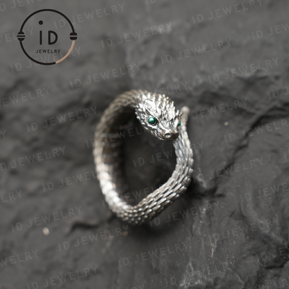 Mystischer Schlangenring, grüner Zirkon, Drachenschuppen-Design, handgefertigter Fantasy-Amulett-Schmuck, für Sammlung und Geschenk 