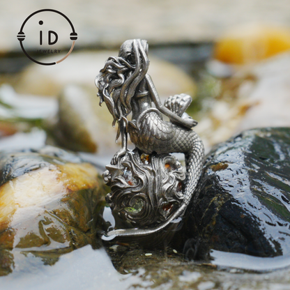 Mermaid Wish Talisman Pendant with Ghost Stone and Pearl, Fantasy Ocean Jewelry, Handcrafted Mythical Sea Spirit Amulet Necklace