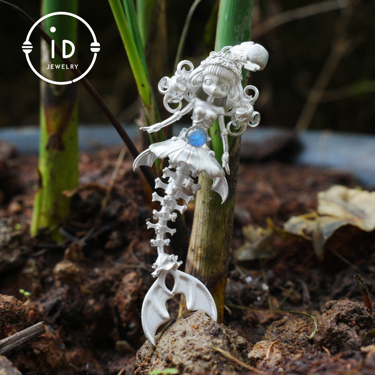 Hand-Carved Mermaid Skeleton Pendant Necklace | Mermaid Bones + Labradorite Flash | Handmade 925 Sterling Silver Amulet Ocean-Theme Necklace