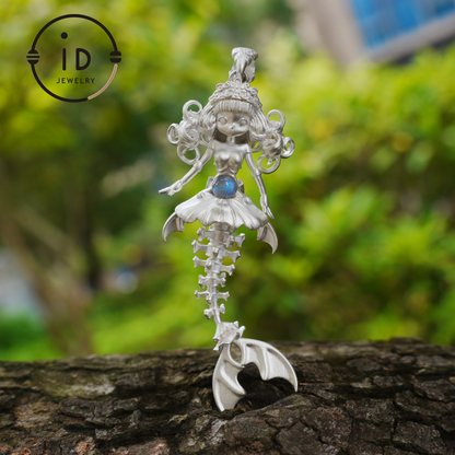 Hand-Carved Mermaid Skeleton Pendant Necklace | Mermaid Bones + Labradorite Flash | Handmade 925 Sterling Silver Amulet Ocean-Theme Necklace