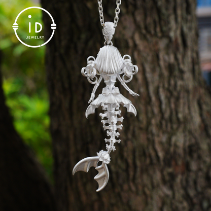 Hand-Carved Mermaid Skeleton Pendant Necklace | Mermaid Bones + Labradorite Flash | Handmade 925 Sterling Silver Amulet Ocean-Theme Necklace