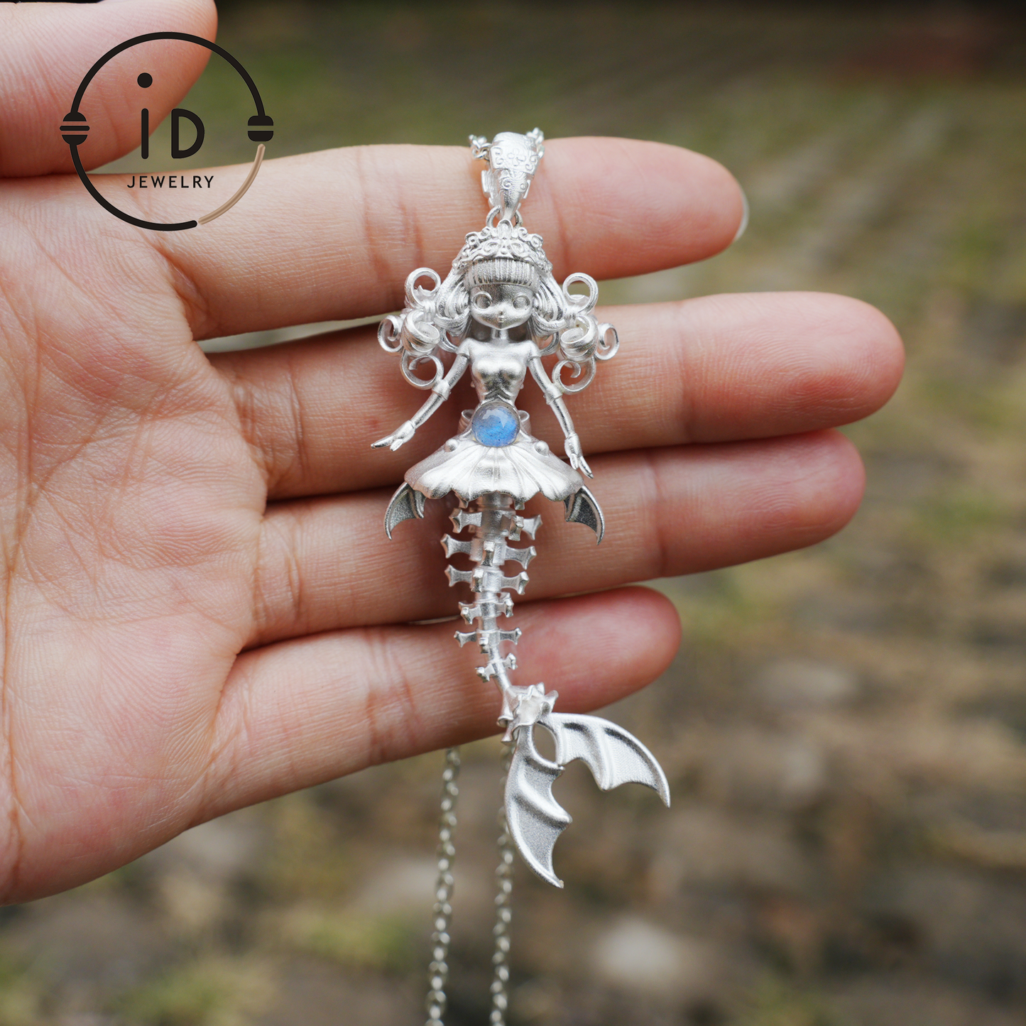 Hand-Carved Mermaid Skeleton Pendant Necklace | Mermaid Bones + Labradorite Flash | Handmade 925 Sterling Silver Amulet Ocean-Theme Necklace
