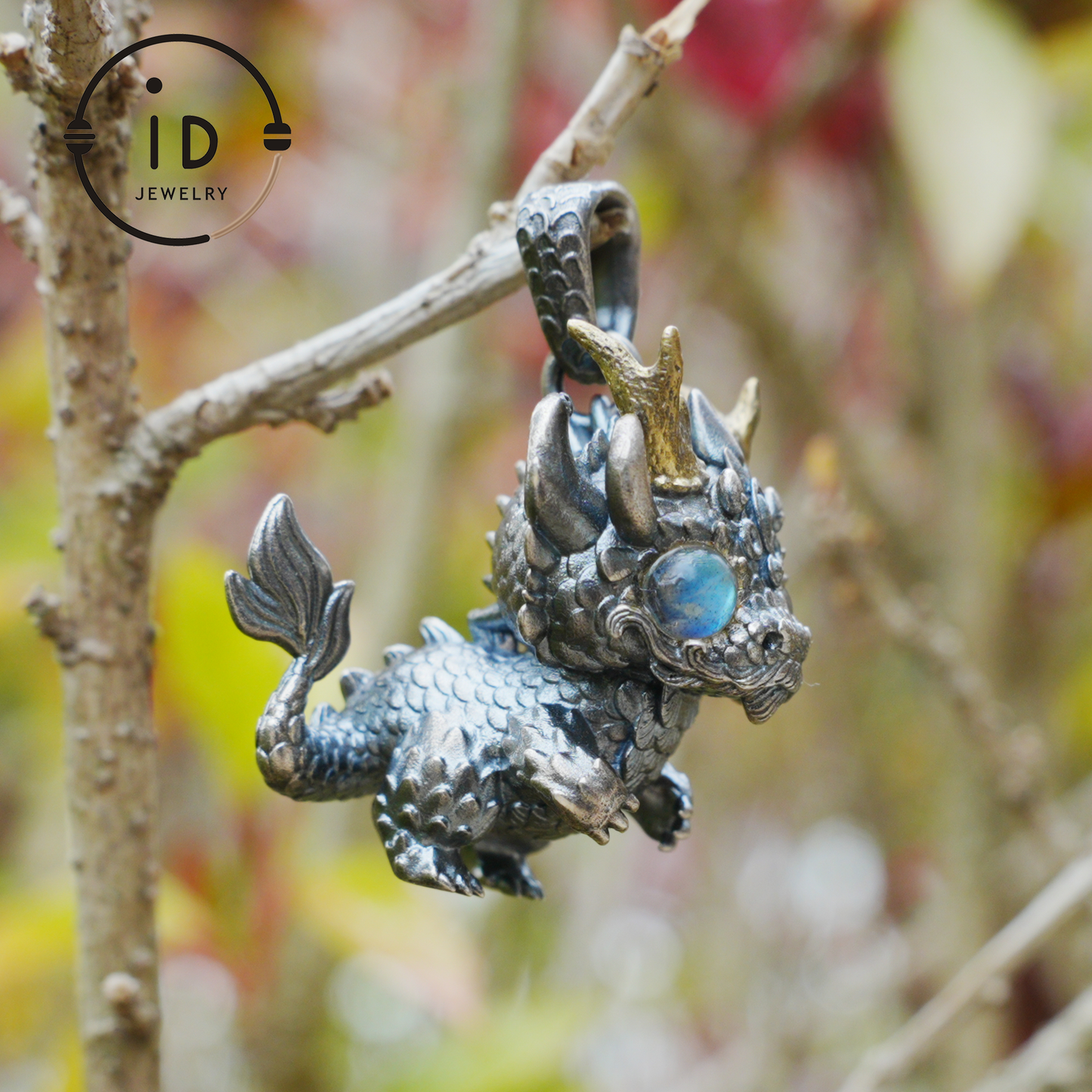 Handgefertigter Fantasy-Schmuck | Drachen-Totem-Halskette | Silber-Kupfer-Zweifarbige Hornkrone | Labradorit-Blaues Auge | Handgefertigtes Geschenk