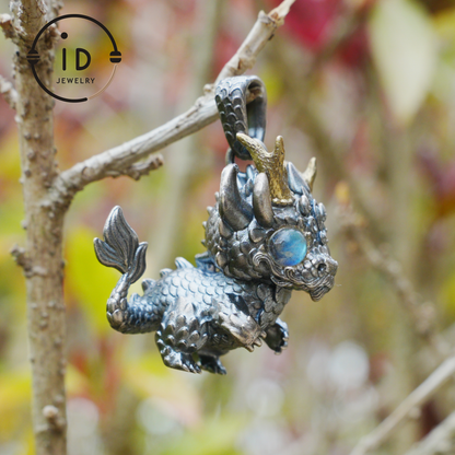 Handgefertigter Fantasy-Schmuck | Drachen-Totem-Halskette | Silber-Kupfer-Zweifarbige Hornkrone | Labradorit-Blaues Auge | Handgefertigtes Geschenk