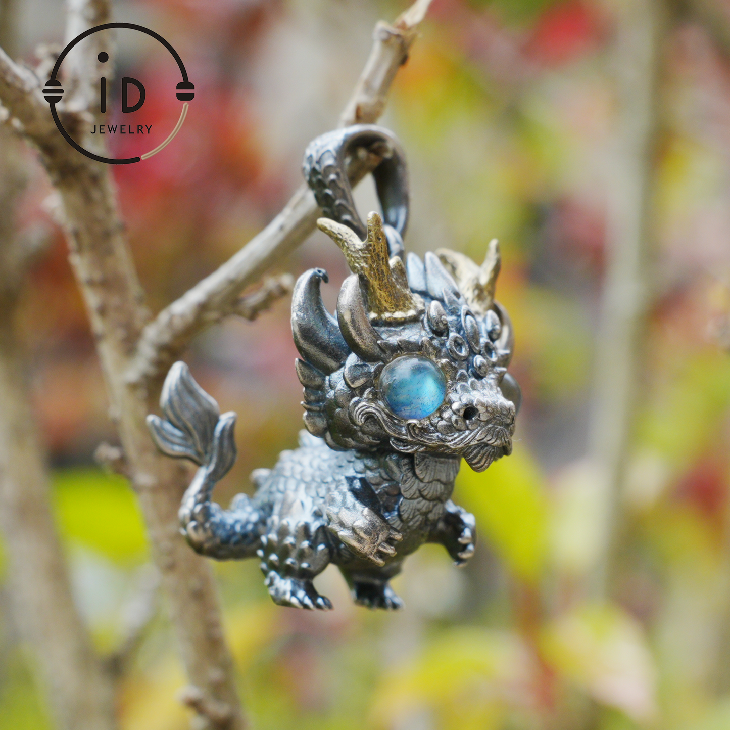 Handgefertigter Fantasy-Schmuck | Drachen-Totem-Halskette | Silber-Kupfer-Zweifarbige Hornkrone | Labradorit-Blaues Auge | Handgefertigtes Geschenk