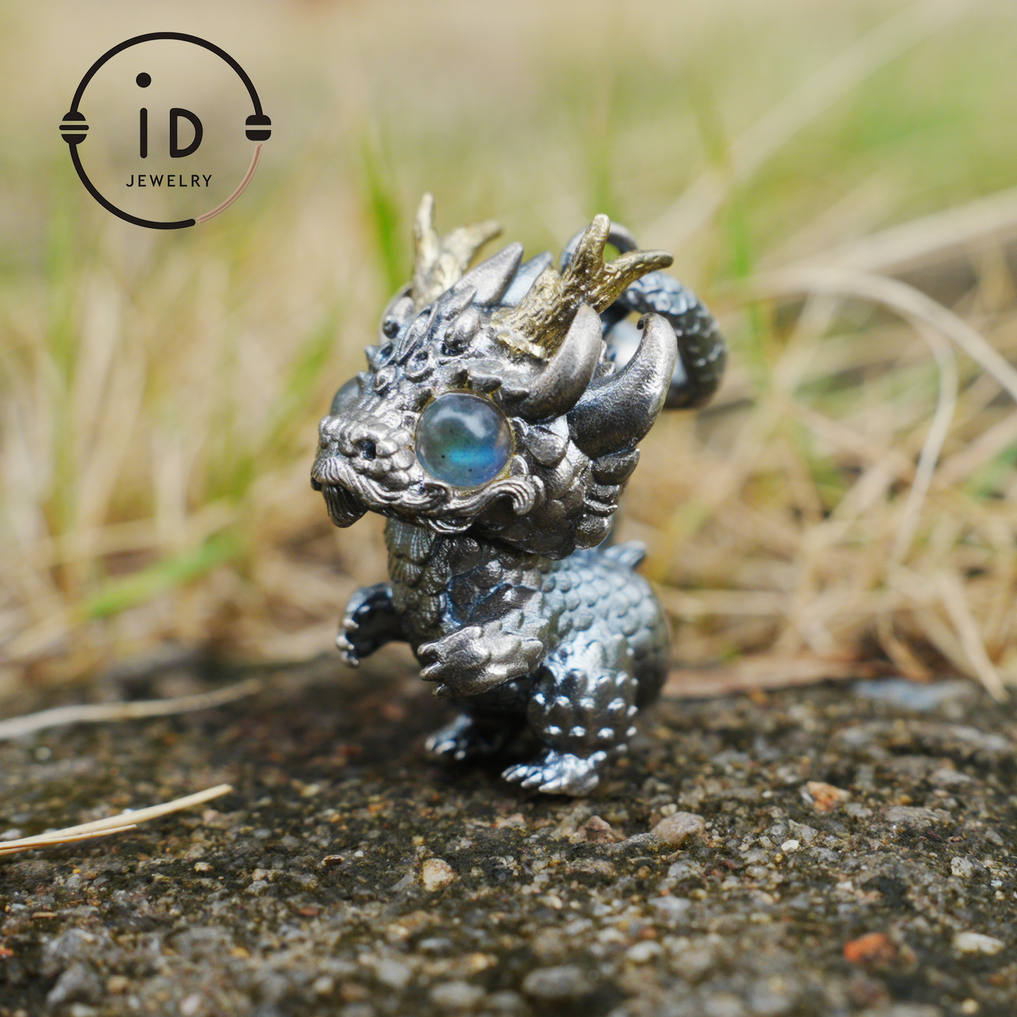 Handgefertigter Fantasy-Schmuck | Drachen-Totem-Halskette | Silber-Kupfer-Zweifarbige Hornkrone | Labradorit-Blaues Auge | Handgefertigtes Geschenk