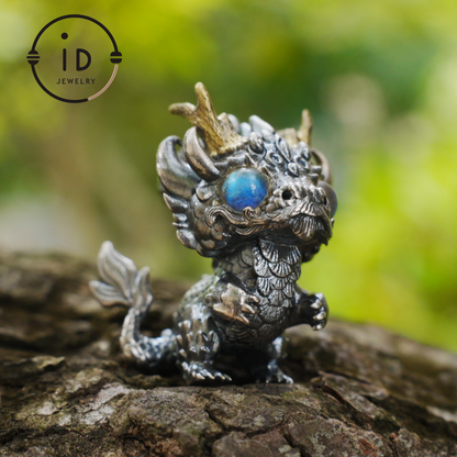 Handgefertigter Fantasy-Schmuck | Drachen-Totem-Halskette | Silber-Kupfer-Zweifarbige Hornkrone | Labradorit-Blaues Auge | Handgefertigtes Geschenk